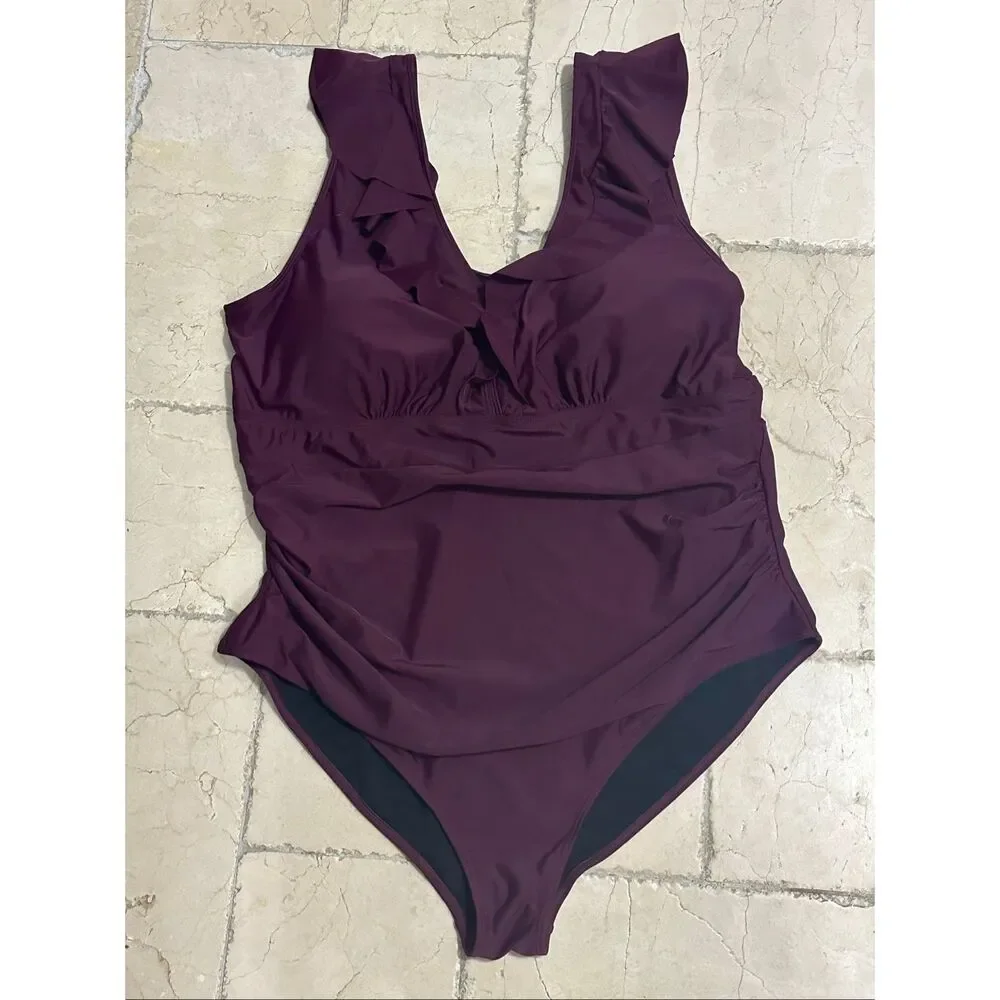 BloomChic Size 26 Deep Red Ruffle Trim Ruched One Piece Swimsuit NWT